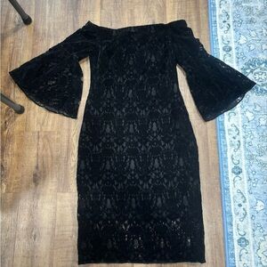 Shoshanna Black Off-Shoulder Lace Midi Dress with Bell Sleeves